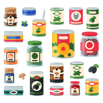 Tins canned goods food container grocery store and product storage aluminum label conserve vector illustration.