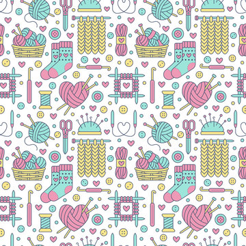 Knitting, crochet seamless pattern. Cute vector flat line illustration of hand made equipment knitting needle, hook, wool, cotton skeins. Colored background for yarn tailor store. Knitted with love.