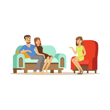 Happy family couple characters talking to female psychologist about their problems, psychotherapy counseling, psychologist having session with patient vector Illustration