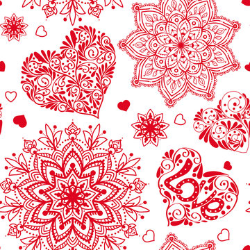 Love heart and mandalas seamless pattern in white and red colors