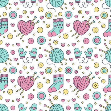 Knitting, sewing seamless pattern. Cute vector flat line illustration of hand made equipment knitting needle, bottons, wool, cotton skeins. Colored background for yarn tailor store. Knitted with love.