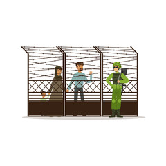 Stateless refugee family facing the barbed wire fence, refugee camp, war victims concept vector Illustration