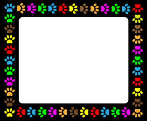 Colorful animal paw prints black frame border with blank white background for your text and images.