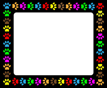 Colorful animal paw prints black frame border with blank white background for your text and images.