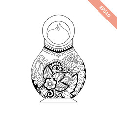 Black line nesting doll with floral ornament isolated on white background. Decorative element. Coloring page.
