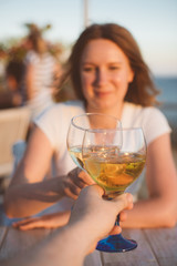 Young couple drinking wine in a restaurant.