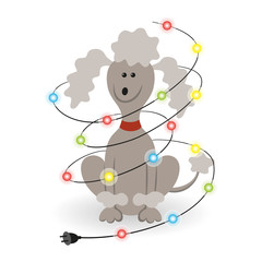 Cartoon dog with christmas garland on the white background.