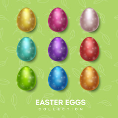 Easter eggs collection. Multicolored eggs on a green background with small leaves.
