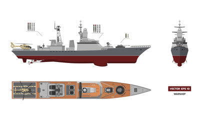 Detailed image of military ship. Top, front and side view. Battleship model. Industrial drawing. Warship in outline style