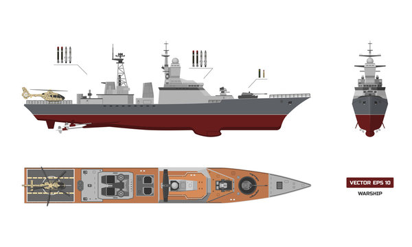 Detailed Image Of Military Ship. Top, Front And Side View. Battleship Model. Industrial Drawing. Warship In Outline Style