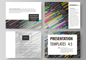Set of business templates for presentation slides. Easy editable vector layouts in flat design. Colorful background with stripes. Abstract tubes and dots. Glowing multicolored texture.