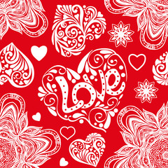 Love heart and mandalas seamless pattern in white and red colors