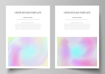 Business templates for brochure, flyer, report. Cover design template, vector layout in A4 size. Hologram, background in pastel colors, holographic effect. Blurred colorful pattern, futuristic texture
