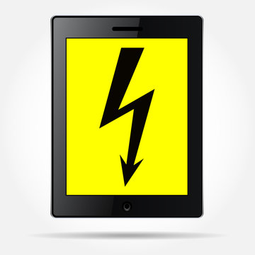 Black tablet with the image of black lightning on a yellow background of the monitor. The sign of the electric voltage. Safety and maintenance of modern electronic devices. Vector Image.