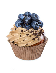 Cupcake with chocolate cream and fresh blueberries