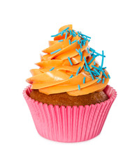 Cupcake with yellow cream and blue sprinkles