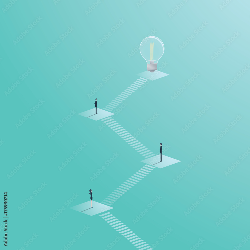 Poster business creativity vector concept with lightbulb. creative teamwork process with steps..
