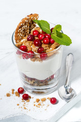 dessert with granola, cranberries and cream in glass, closeup