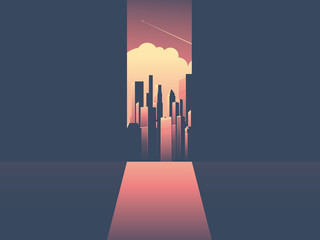 Business opportunity vector concept with door entrance to corporate world with skyscrapers cityscape background.