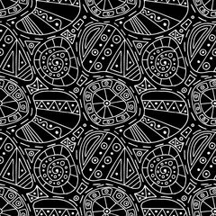 Seamless vector decorative hand drawn pattern. Black and white ethnic endless background with ornamental decorative elements with traditional motives, geometric figures in the shape of stones, shell