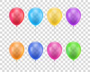 Balloons of different colors on a transparent background set. Colored balloons of realistic set on a transparent background for designers and illustrators. Gasbags template as a vector illustration