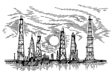 sea oil fields hand drawing vector illustration