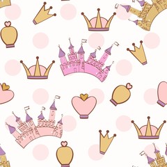Hand drawing vector seamless pattern with crowns and castle.