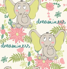 vector seamless pattern with cartoon elephant in dreams