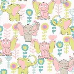 Obraz na płótnie Canvas Vector seamless pattern with elephant and flowers