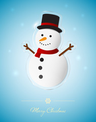Snowman flat design decoration on transparent glass badge, Christmas greeting card