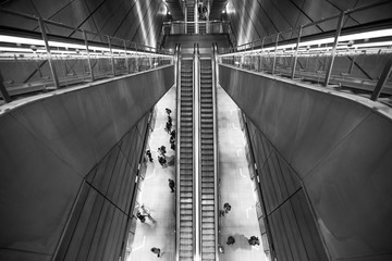 metro station, urbanistic photography, prospect of escalators, view on people