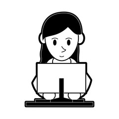 woman using computer icon image frontview vector illustration design  black and white