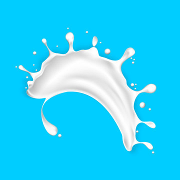 A white splash of milk, cream, yogurt, cream on a blue background. Isolated dairy product. Spray. Vector.