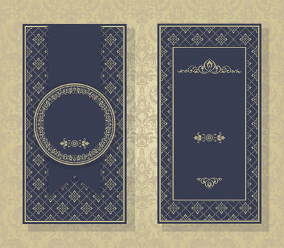 Wedding invitation cards baroque style. The front and rear side. Beautiful Victorian ornament. Frame with floral elements. Vector illustration.