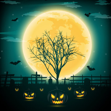 Halloween night background with pumpkin, naked trees, bat and full moon on dark background.