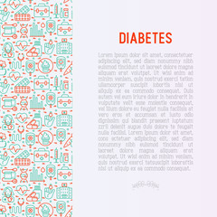 Diabetes concept with thin line icons of symptoms and prevention care. Vector illustration for background of medical survey or report, for banner, web page, print media.