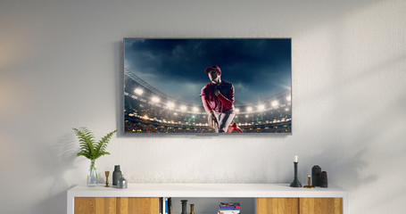 Living room led tv showing baseball game