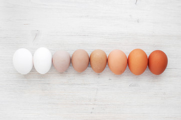 Several kinds of eggs on the white wooden table