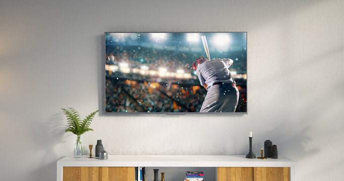 Living Room Led Tv Showing Baseball Game