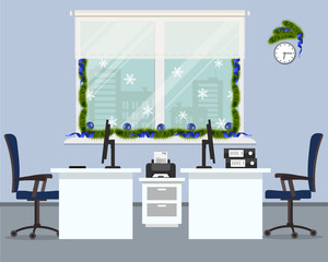 New Year in the office. Workplace for two office workers, decorated with Christmas decoration. There are white desks, blue chairs, computers and other objects in the picture. Vector illustration.