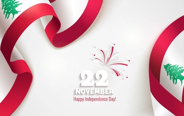 22 November. Lebanon Independence Day background in national flag color theme. Celebration banner with waving flags and firework. Vector illustration