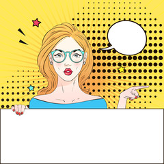 Pop Art Vintage advertising poster comic girl in round glasses holds a white banner points aside . Comic woman with speech bubble. Vector illustration