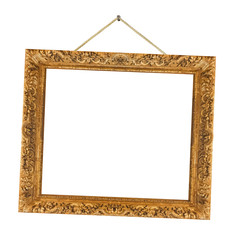 Old wooden picture frame hanging on a rope