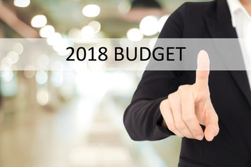 Fototapeta na wymiar Businesswoman hand touch 2018 budget button over blur office background with copy space, new year business concept