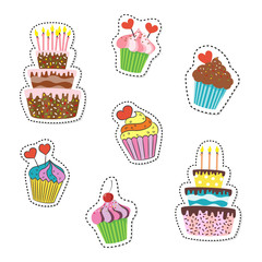 Cartoon stickers with cupcakes and cakes on white background.