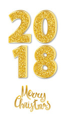 Merry Christmas calligraphy, sparkling 2018 numerals greeting card vector illustration. Glitter golden numbers xmas and new year background