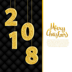 Merry Christmas calligraphy, sparkling 2018 numerals greeting card vector illustration. Glitter gold numbers on black upholstery leather background