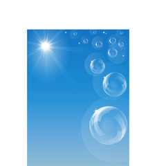 Blue sky with shining sun, flying soap bubbles and stars