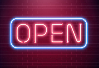 Bar open light Neon Sign. Night store red glowing letters . Open 24 hours sign