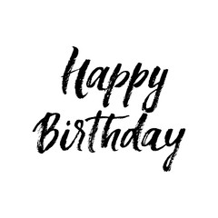 Happy Birthday calligraphy greeting card hand drawn vector font lettering on white background. Paint brush text of modern calligraphic design for Birthday party festive gift celebration